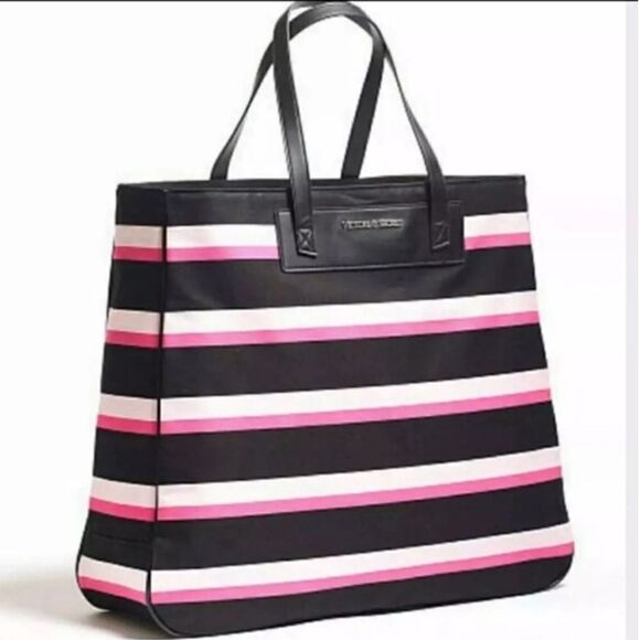 Victorias Secret Black Pink Stripe Getaway Tote Bag Weekender Limited NWT - Picture 1 of 3